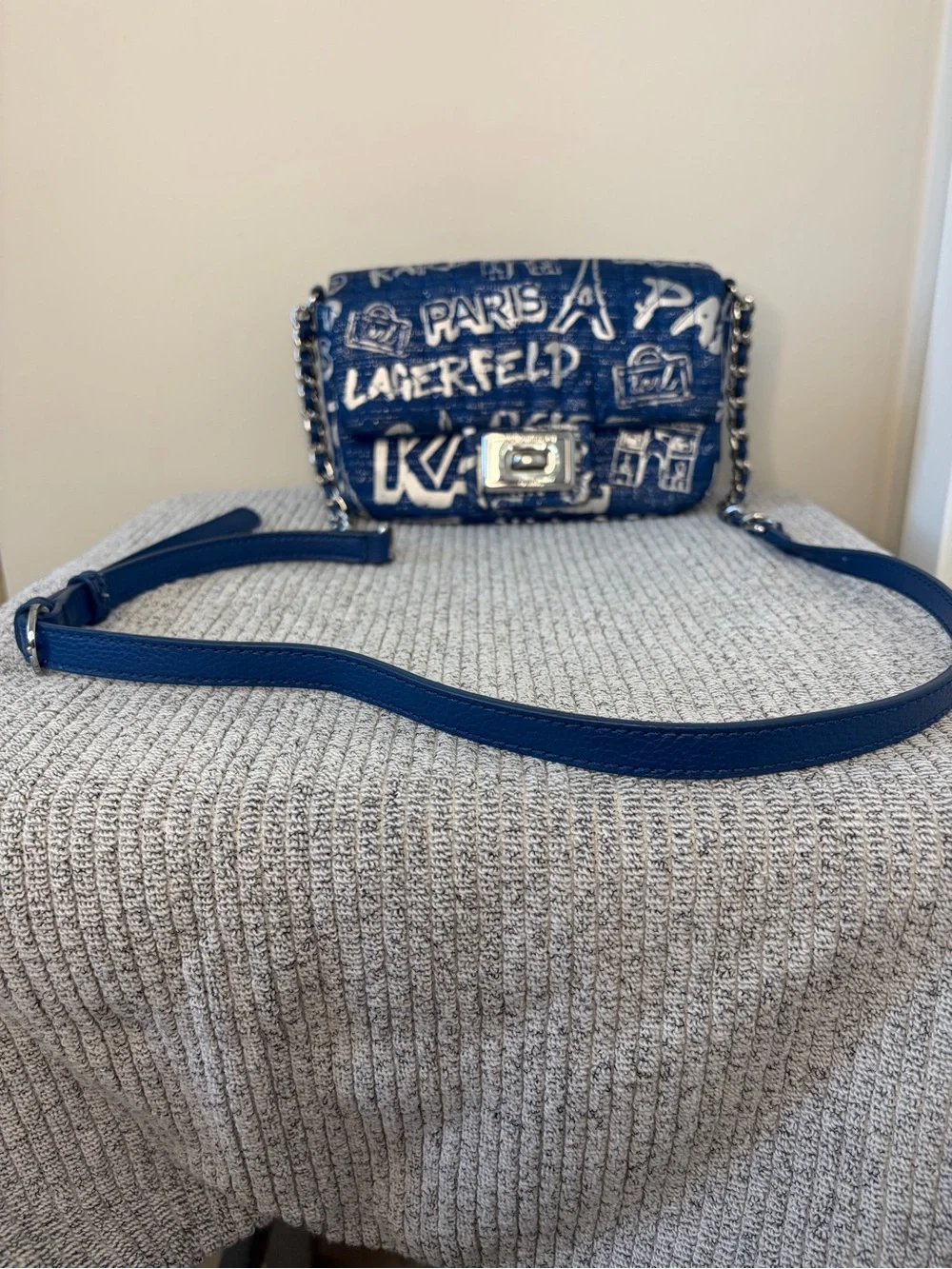 Authentic Karl Lagerfeld Blue and Silver Graffiti Crossbody Bag